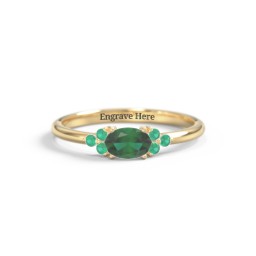East-West Oval Gemstone Ring With Triple Side Stones in 18K Gold Plated Silver with Emerald