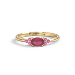 East-West Oval Gemstone Ring With Triple Side Stones in 18K Gold Plated Silver with Ruby