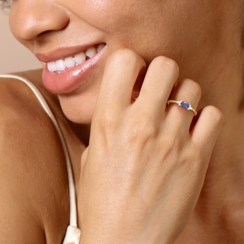 East-West Oval Gemstone Ring With Triple Side Stones – 18K Gold Plated Silver with Ruby