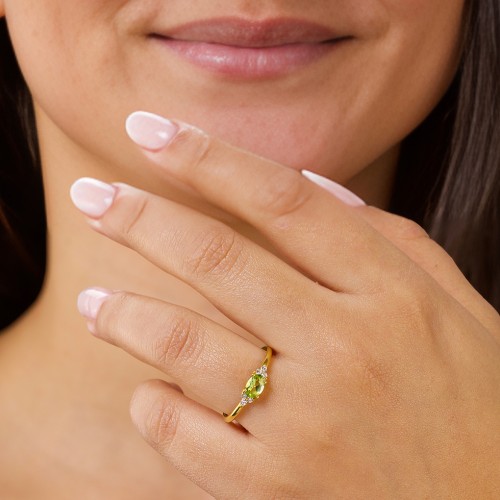 East-West Oval Gemstone Ring With Triple Side Stones – 18K Gold Plated Silver with Ruby