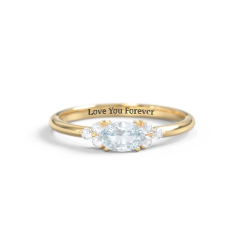 East-West Oval Gemstone Ring With Triple Side Stones – 18K Gold Plated Silver with Aquamarine