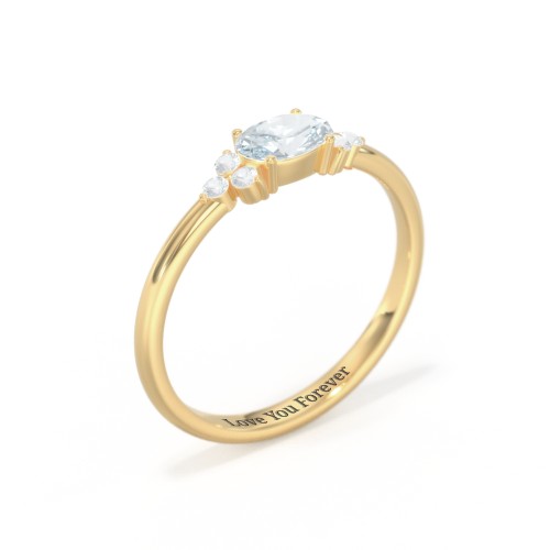 East-West Oval Gemstone Ring With Triple Side Stones – 18K Gold Plated Silver with Aquamarine
