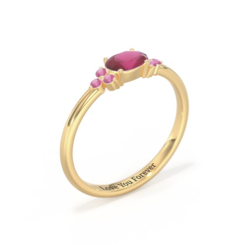East-West Oval Gemstone Ring With Triple Side Stones – 18K Gold Plated Silver with Ruby