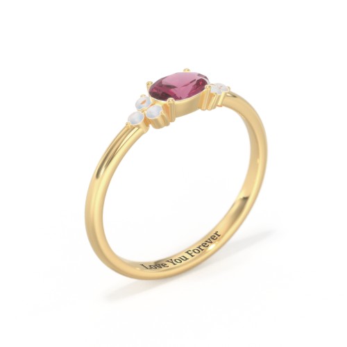 East-West Oval Gemstone Ring With Triple Side Stones – 18K Gold Plated Silver with Pink Tourmaline and Opal