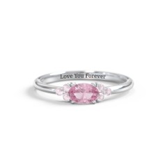 East-West Oval Gemstone Ring With Triple Side Stones – 10K White Gold with Pink Tourmaline