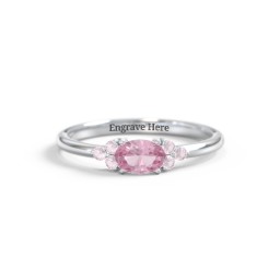 East-West Oval Gemstone Ring With Triple Side Stones in 10K Solid White Gold with Pink Tourmaline