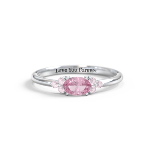 East-West Oval Gemstone Ring With Triple Side Stones – 10K White Gold with Pink Tourmaline