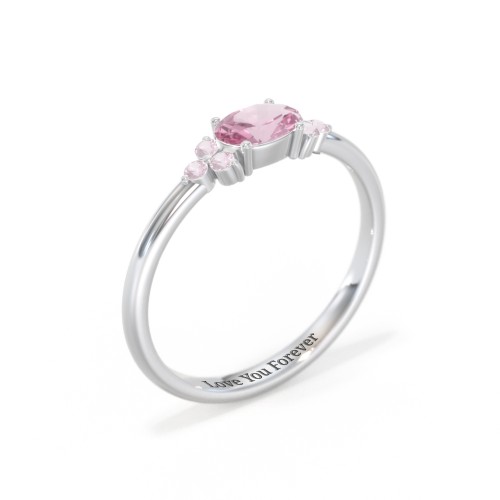 East-West Oval Gemstone Ring With Triple Side Stones – 10K White Gold with Pink Tourmaline