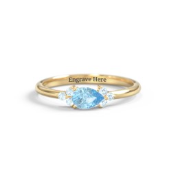 East-West Pear Gemstone Ring With Triple Side Stones in 18K Gold Plated Silver with Blue Topaz