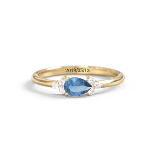 East-West Pear Gemstone Ring With Triple Side Stones – 18K Gold Plated Silver with Blue Topaz and Cubic Zirconia