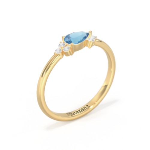 East-West Pear Gemstone Ring With Triple Side Stones – 18K Gold Plated Silver with Blue Topaz and Cubic Zirconia
