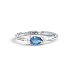 East-West Pear Gemstone Ring With Triple Side Stones in 10K Solid White Gold with Blue Topaz and Cubic Zirconia
