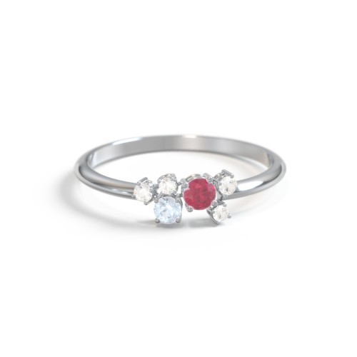 2-Stone Cluster Ring with Accent Stones – Sterling Silver with Ruby, Aquamarine, and Cubic Zirconia