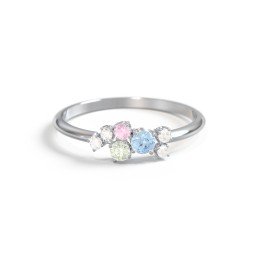 3-Stone Cluster Ring with Accent Stones in 10K Solid White Gold with Blue Topaz, Green Sapphire, Pink Tourmaline, and Cubic Zirconia