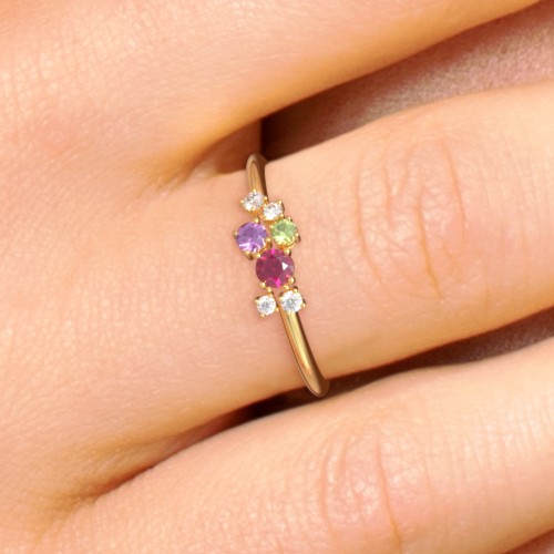 3-Stone Cluster Ring with Accent Stones – 10K White Gold with Blue Topaz, Green Sapphire, Pink Tourmaline, and Cubic Zirconia