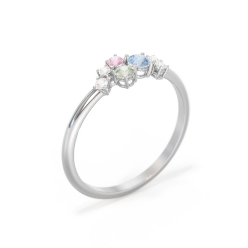 3-Stone Cluster Ring with Accent Stones – 10K White Gold with Blue Topaz, Green Sapphire, Pink Tourmaline, and Cubic Zirconia
