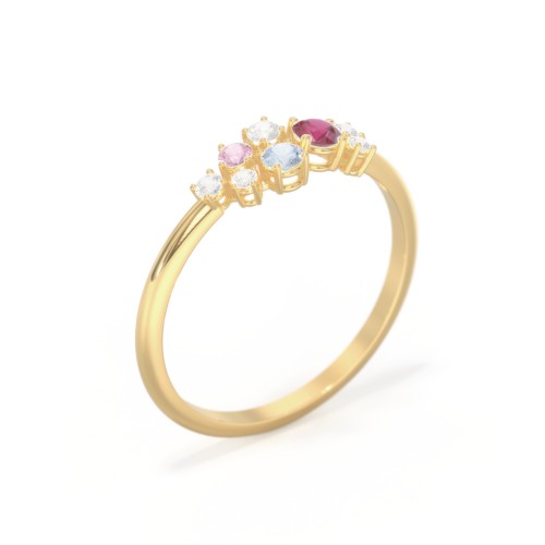 4-Stone Cluster Ring with Accent Stones – 10K Yellow Gold with Ruby, Aquamarine, Cubic Zirconia, and Pink Tourmaline