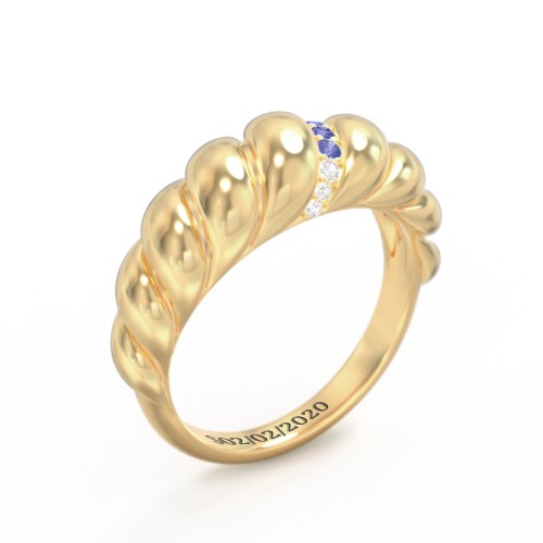 Thin Croissant Dome Ring with Gemstones – Vermeil with Blue Sapphire and Cubic Zirconia