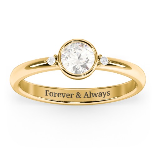 Round Bezel Solitaire with Twin Accents Ring – 18K Gold Plated Silver with Cubic Zirconia and White Premium Zirconia