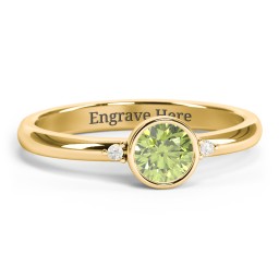 Round Bezel Solitaire with Twin Accents Ring in 18K Gold Plated Silver with Peridot, Fancy Yellow Premium Zirconia, and White Premium Zirconia