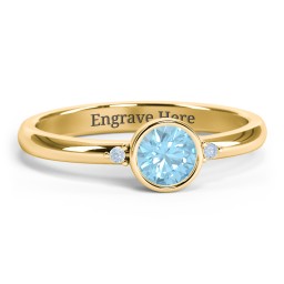 Round Bezel Solitaire with Twin Accents Ring in 18K Gold Plated Silver with Blue Topaz, Fancy Blue Premium Zirconia, and White Premium Zirconia