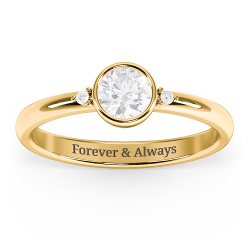 Round Bezel Solitaire with Twin Accents Ring – 18K Gold Plated Silver with Lab Diamond and Diamond