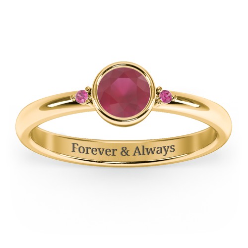 Round Bezel Solitaire with Twin Accents Ring – 18K Gold Plated Silver with Ruby and Red Premium Zirconia