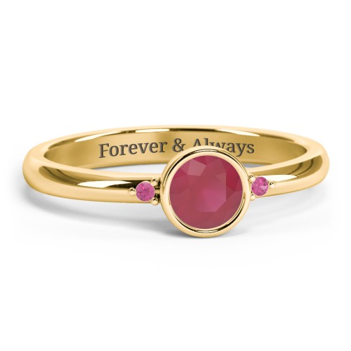 Round Bezel Solitaire with Twin Accents Ring – 18K Gold Plated Silver with Ruby and Red Premium Zirconia