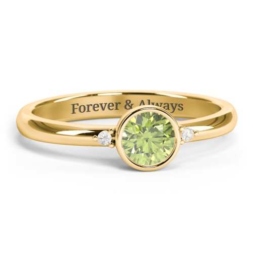 Round Bezel Solitaire with Twin Accents Ring – 18K Gold Plated Silver with Peridot and Fancy Yellow Premium Zirconia