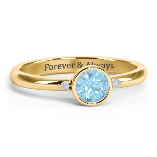 Round Bezel Solitaire with Twin Accents Ring – 18K Gold Plated Silver with Blue Topaz and Fancy Blue Premium Zirconia
