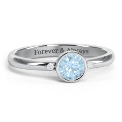 Round Bezel Solitaire with Twin Accents Ring – Sterling Silver with Aquamarine and White Premium Zirconia
