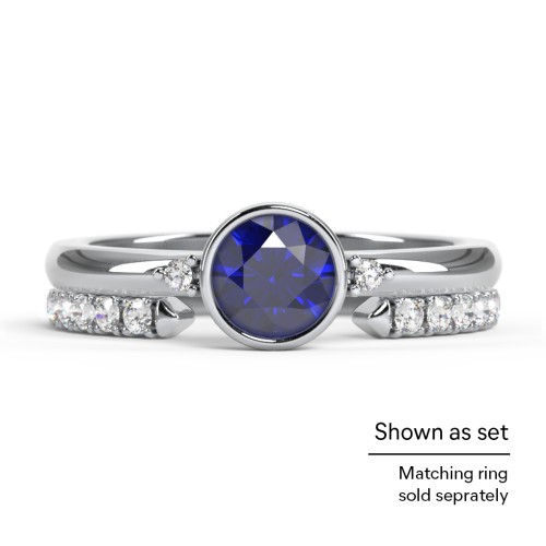 Round Bezel Solitaire with Twin Accents Ring – Sterling Silver with Aquamarine and White Premium Zirconia