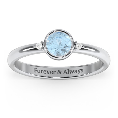 Round Bezel Solitaire with Twin Accents Ring – Sterling Silver with Aquamarine and White Premium Zirconia