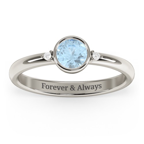 Round Bezel Solitaire with Twin Accents Ring – 10K White Gold with Aquamarine and White Premium Zirconia