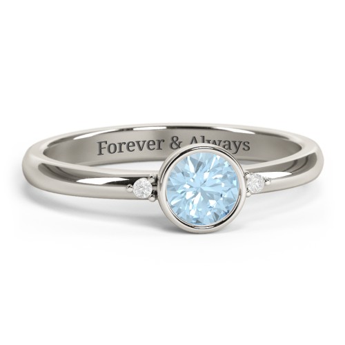 Round Bezel Solitaire with Twin Accents Ring – 10K White Gold with Aquamarine and White Premium Zirconia