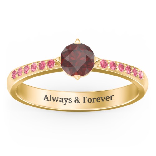 Centre Round Stone Ring with Twin Accent Rows – 18K Gold Plated Silver with Garnet and Red Premium Zirconia
