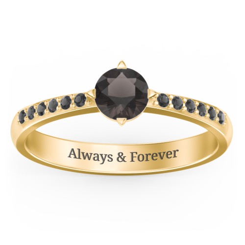 Centre Round Stone Ring with Twin Accent Rows – 18K Gold Plated Silver with Smokey Quartz and Black Premium Zirconia