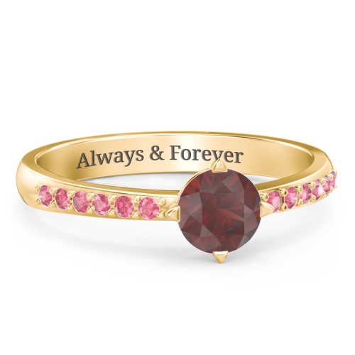 Centre Round Stone Ring with Twin Accent Rows – 18K Gold Plated Silver with Garnet and Red Premium Zirconia