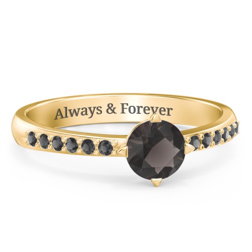 Centre Round Stone Ring with Twin Accent Rows – 18K Gold Plated Silver with Smokey Quartz and Black Premium Zirconia