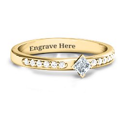 Princess Centre Stone Ring with Twin Accent Rows in 10K Solid Yellow Gold with Cubic Zirconia and White Premium Zirconia