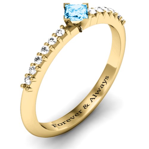Princess Centre Stone Ring with Twin Accent Rows – 14K Yellow Gold with Blue Topaz and White Premium Zirconia