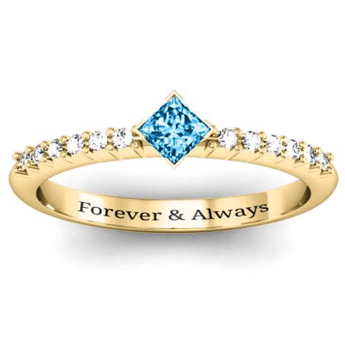 Princess Centre Stone Ring with Twin Accent Rows – 10K Yellow Gold with Blue Topaz and White Premium Zirconia