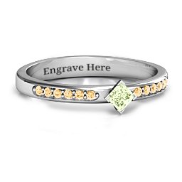 Princess Centre Stone Ring with Twin Accent Rows in 925 Sterling Silver with Peridot and Fancy Yellow Premium Zirconia