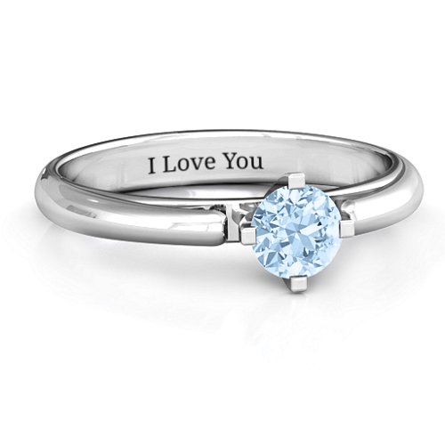 Ski Tip Solitaire Round Ring – Sterling Silver with Aquamarine