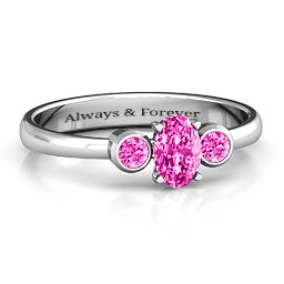 Oval Centre with Twin Bezel Rounds Ring in 925 Sterling Silver with Pink Tourmaline