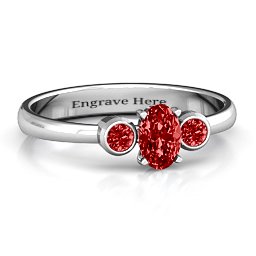 Oval Centre with Twin Bezel Rounds Ring in 925 Sterling Silver with Garnet