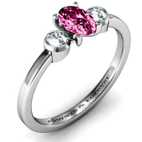 Oval Centre with Twin Bezel Rounds Ring – Sterling Silver with Ruby and Cubic Zirconia