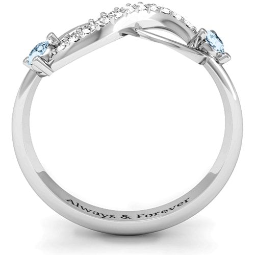 Double Stone Infinity Accent Ring – 10K White Gold with Aquamarine and White Premium Zirconia