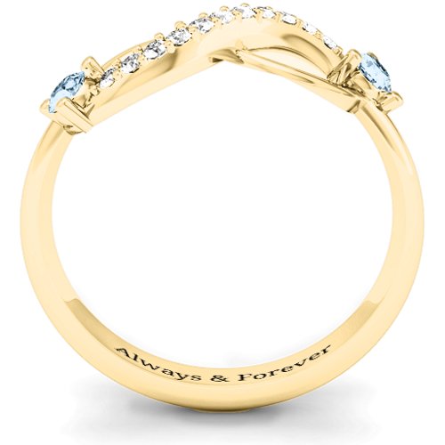 Double Stone Infinity Accent Ring – 10K Yellow Gold with Aquamarine and White Premium Zirconia