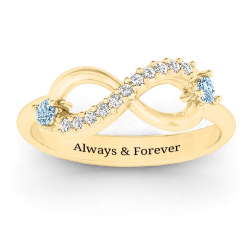 Double Stone Infinity Accent Ring – 10K Yellow Gold with Aquamarine and White Premium Zirconia